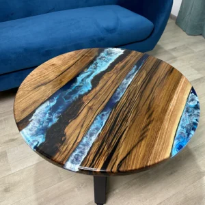 Round Epoxy Coffee Table with Ocean Art