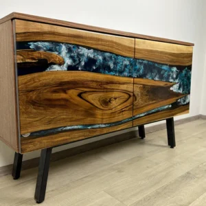 Custom Walnut Wood & Epoxy River Credenza